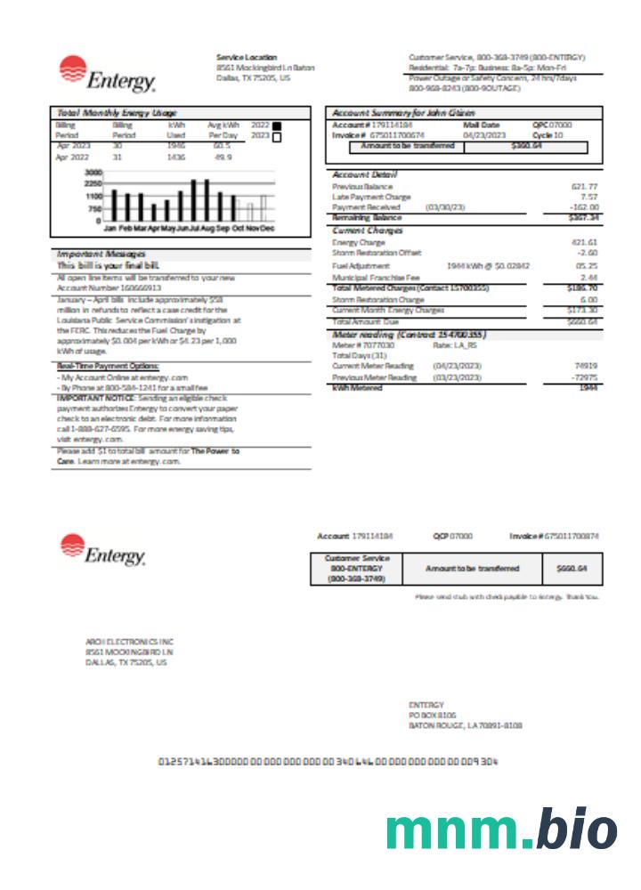 Entergy rachunek za usługi komunalne, strona 1